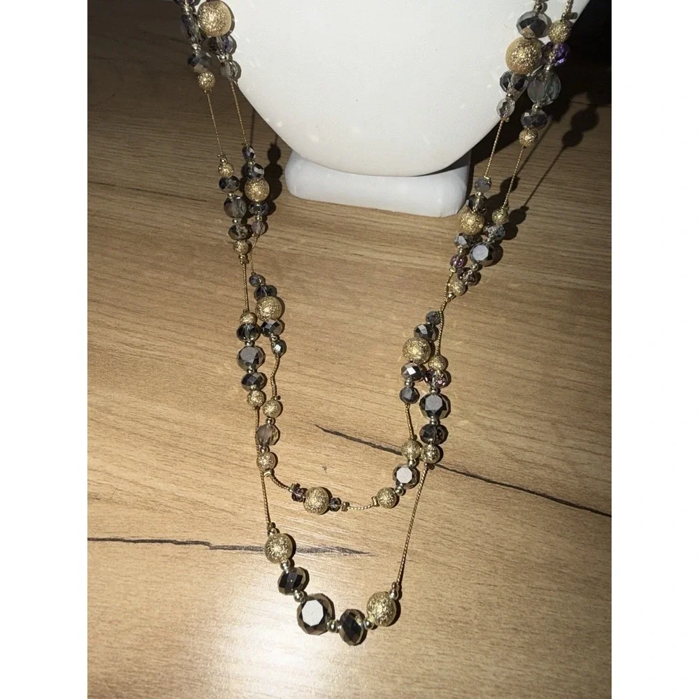 Gold Tone Multi Strand Long Beaded Necklace Smoky Quartz Style Layering